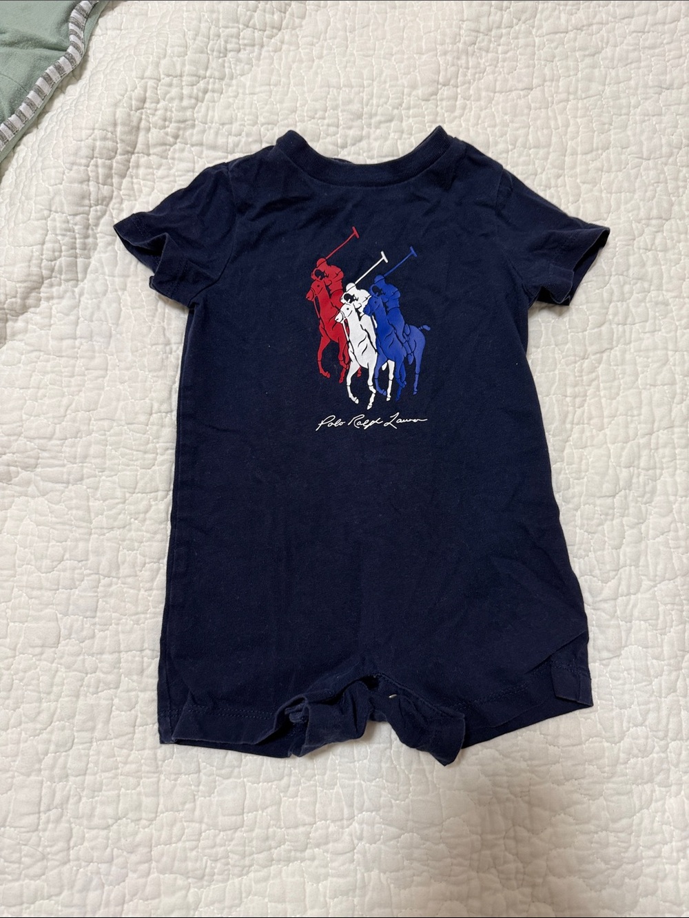 Ralph Lauren Navy One-Piece with Red White and Blue Polo Graphic 3 month
